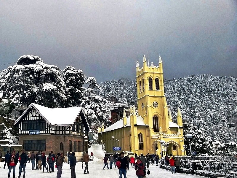 Shimla town spread across green hills in Himachal Pradesh